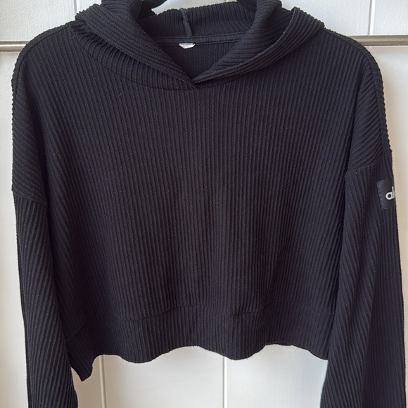 ALO Yoga Muse Cropped Ribbed Hoodie Sweatshirt Black XS - Picture 3 of 7
